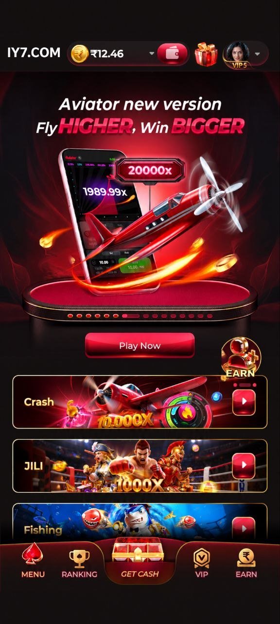 IY7 APK game interface featuring an Aviator-style airplane game, red gaming graphics, and mobile app options.