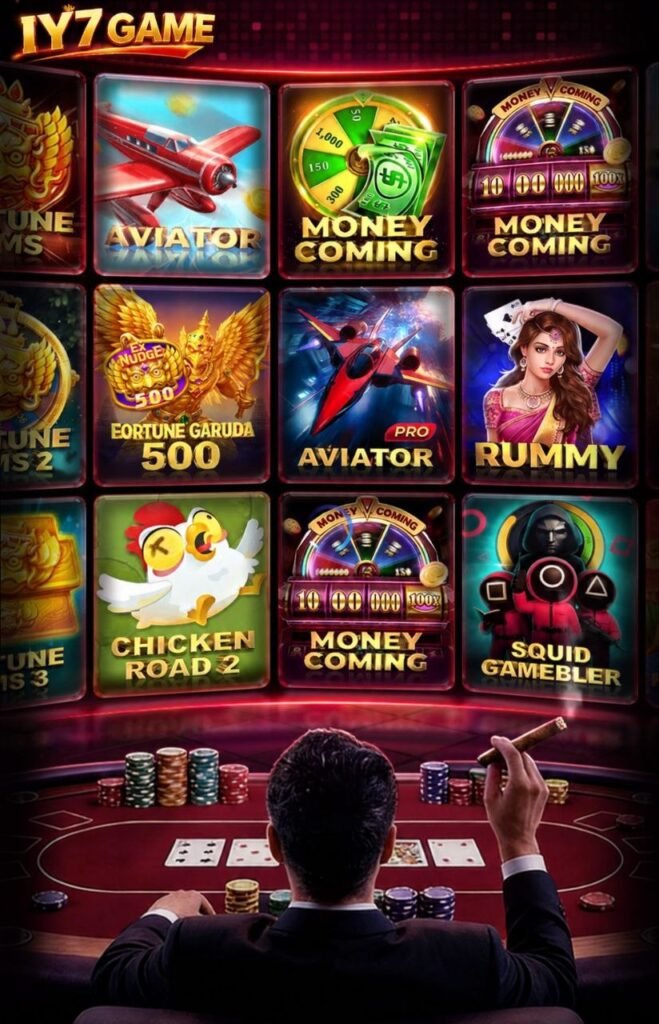 IY7 features image showing slot games, poker, casino, spin games, Aviator, fishing, and other mobile gaming options.